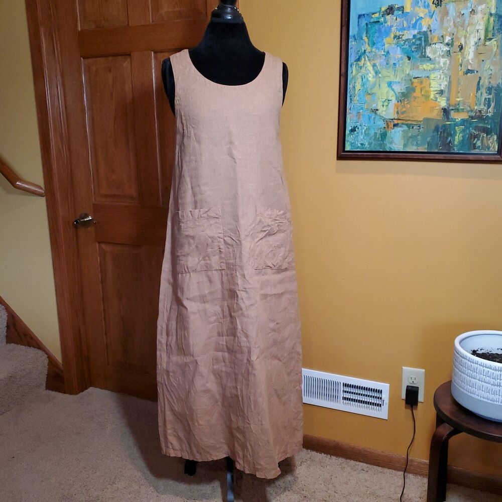VTG California Threads Women's Sz S Brown Maxi Dress 100% Linen Comfort Hippie